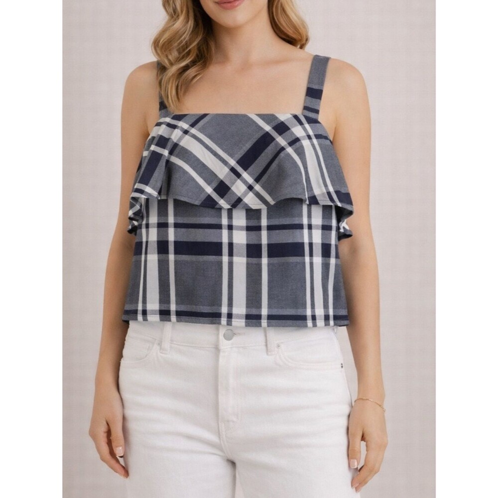 Banana Republic Plaid Crop  Ruffle Adjustable Straps Chic Blue White Medium